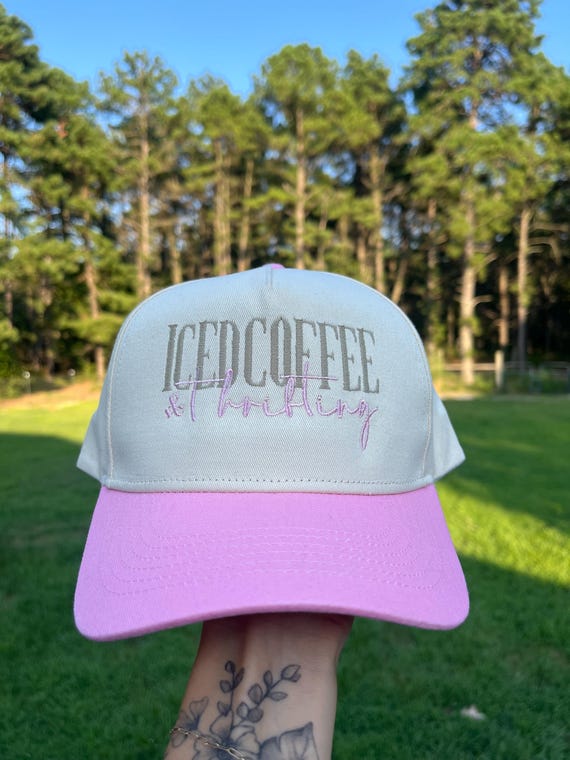 Iced Coffee and Thrifting Trucker Hat – Cream & Pink Two  display picture 2