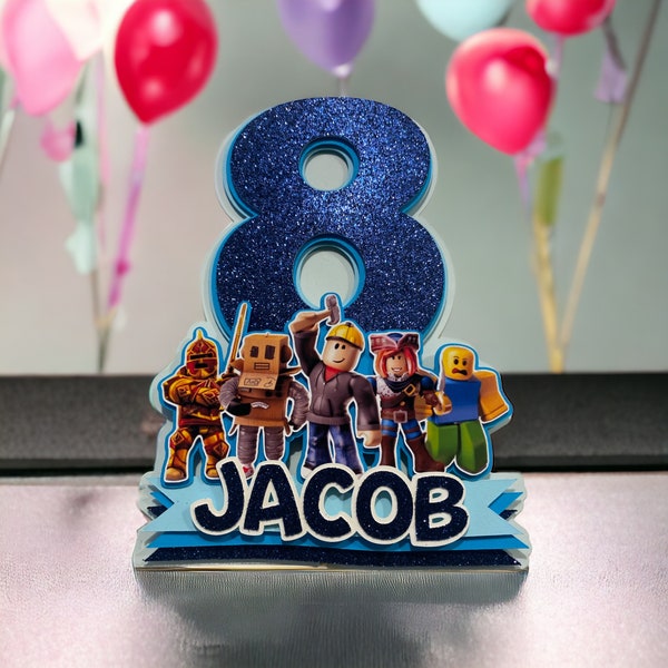 Décoration de gâteau d'anniversaire personnalisée pour enfants, design inspiré de Roblox (bleu)