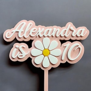 Personalisierte alles Gute zum Geburtstag Kuchen Topper. Personalisierter Name und Alter Cake Topper mit Blumenlogo. Cut aus 3 mm Acrylglas, Farbe nach Wahl.