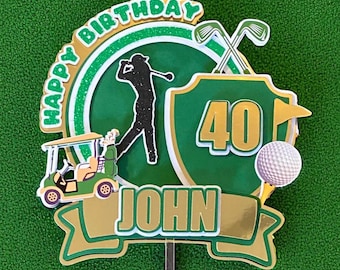 Personalised Golf Themed Happy Birthday Cake Topper: Custom Name & Age