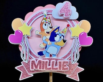 Personalised Pink Cartoon Birthday Cake Topper with Acrylic Stick: Custom Name & Age