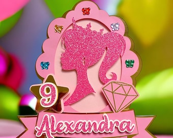 Personalised Birthday Cake Topper Pink Fashion Doll Inspired Design: Custom Name & Age