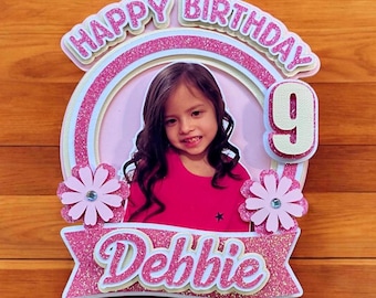 Personalised Photo Birthday Cake Topper, Pink or Purple: Custom Name, Age and Image