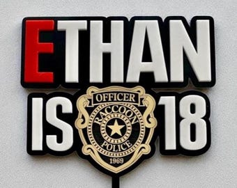 Personalised Acrylic Raccoon City RPD Birthday Cake Topper: Custom Name, Age & Size