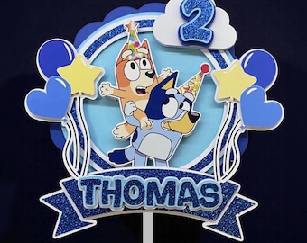 Personalised Blue Cartoon Birthday Cake Topper with Acrylic Stick: Custom Name & Age