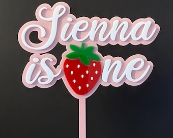 Personalised Children&#39;s Birthday Cake Topper Strawberry Design made from Laser Cut 3mm Acrylic. Colours Baby Pink and White.