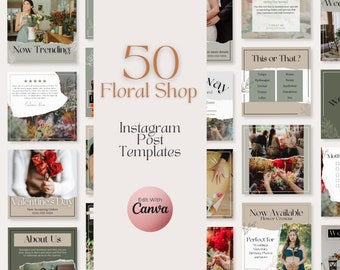 May include: A collection of 50 floral shop Instagram post templates. The templates feature various designs with floral arrangements, text overlays, and the text "Edit With Canva". The templates are designed for weddings, maternity, and birthday photos.