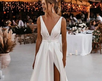 White Wedding Dress with Belt, Backless Wedding Dress, Wedding Gown, Satin Wedding Dress, Bridal Gown