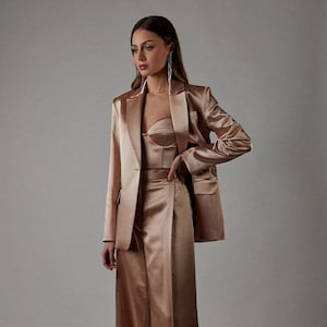 Satin Pant Suit for Women, 3 Pc Pant Suits for Women, Single Breasted Satin Blazer With High Waist Flared Pant and Matching Bustier