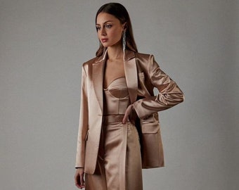 Satin Hosenanzug für Frauen, 3-teilige Hosenanzüge für Frauen, Einreiher Satin Blazer mit hoher Taille, ausgestellter Hose und passendem Bustier