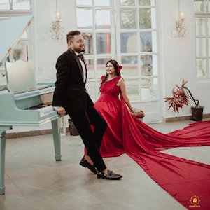 Red Flying Dress , Fly Away Dress, Santorini Photoshoot Dress, Engagement Dress, Long Train Dress, Proposal Dress, Graduation Dress