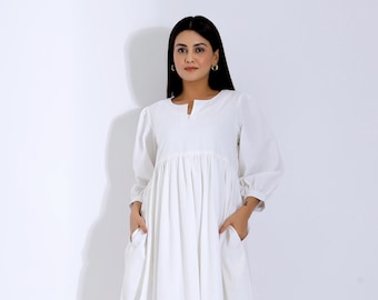 White Cotton Dress, White Summer Dress, Casual Sun Dress With Pockets, Cotton Clothing, Loose Hem Casual Dress with Pockets
