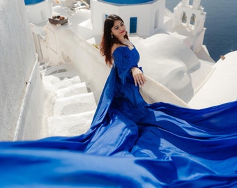 Santorini Flying Dress for Photoshoot, Long Flying Dress, Photoshoot Dress, Long Train Dress,Flying Satin Dress with Sleeves