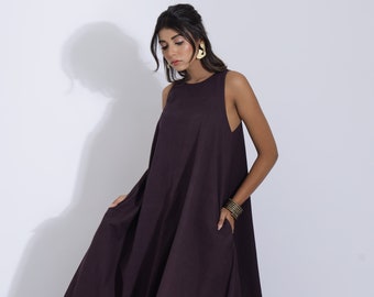 Robe en lin ample marron, robe en lin sans manches, robe surdimensionnée, robe ample pour femmes, robe Boho, robe en lin avec poches