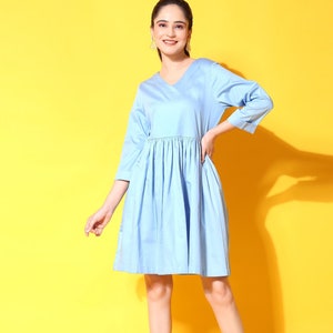 Short Cotton Dress with Sleeves , Blue Loose Dress, Dress with Pockets, Casual Dress with Sleeves