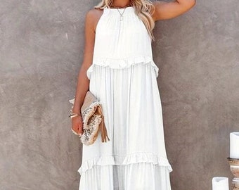 Boho Rüschen Sommer Maxi Kleid, Strand-Outfits, Kleid für Urlaub, Sommer-Outfits, Boho Maxi Kleid, Strand Maxikleid