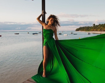 Corset Long Flying Dress for Photoshoot, Long Train Dress , Photoshoot Dress , Satin Long Flowy Dress, Santorini Flying Dress