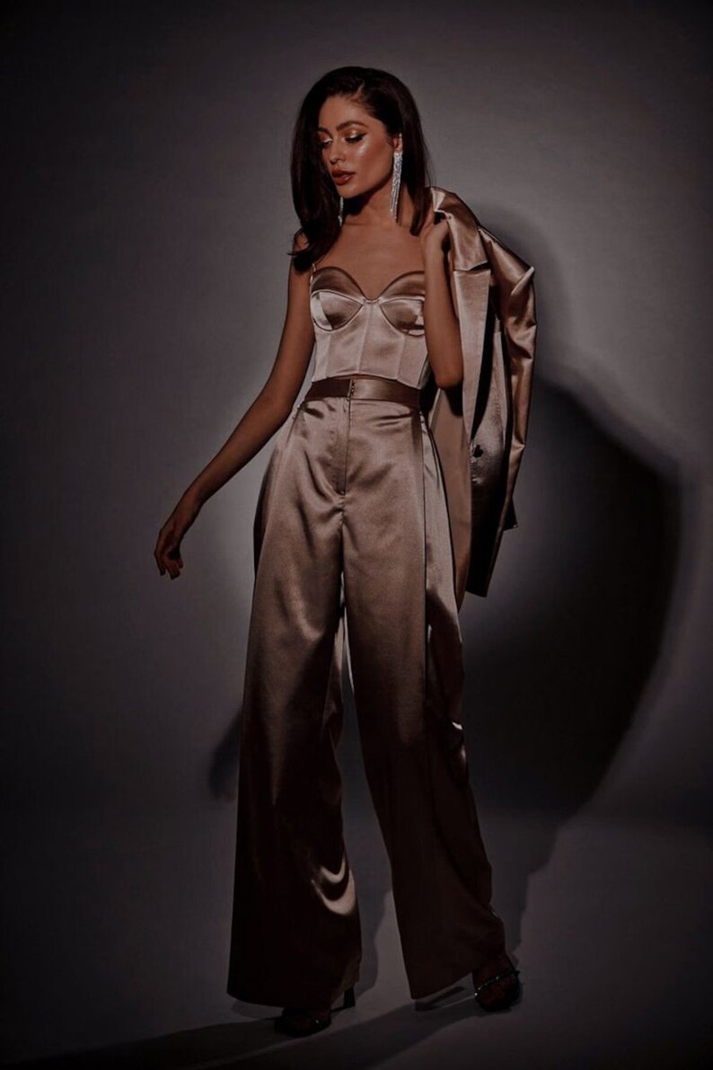 Satin Pant Suit for Women, 3 Pc Pant Suits for Women, Single Breasted