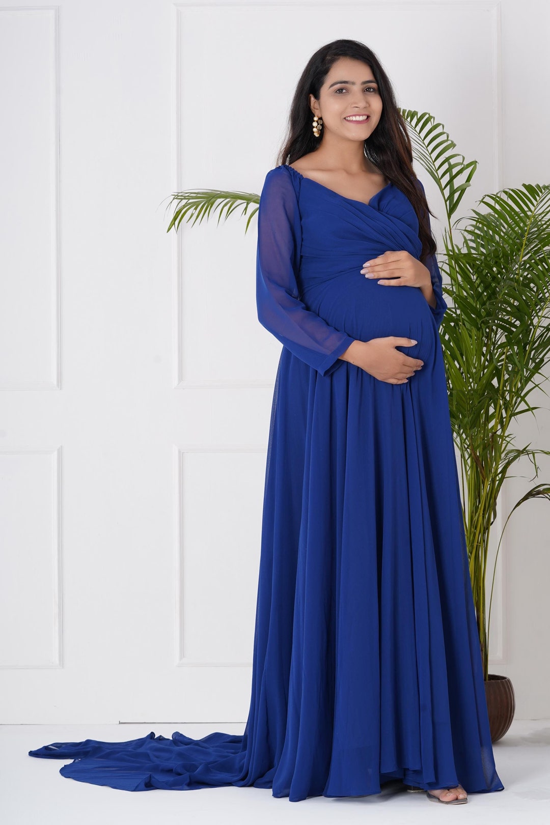 Sequin Long Sleeve Dress Evening Gown Maternity Robe Woman Birthing Gowns  Plus Size Blue Georgette Maternity Gown, Flowy Trail, Photoshoot Dress