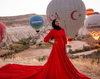 Modest Long Flying Dress , Santorini Flying Dress with Sleeves, Long Train Dress , Photoshoot Dress , Flowy Dress