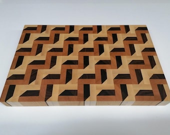 Tagliere in legno di testa zigzag 3D 40,7 x 26,3 x 4 / Legno straordinario / Fatto a mano / Accattivante