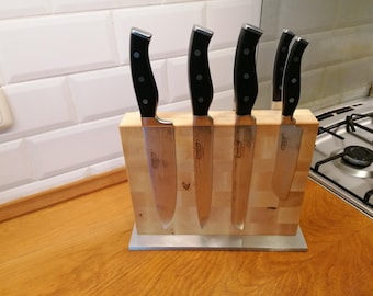 Ceppo magnetico per coltelli in acero testa venato / Realizzato su misura nella misura desiderata, nessun problema / Legno straordinario / Fatto a mano / Accattivante