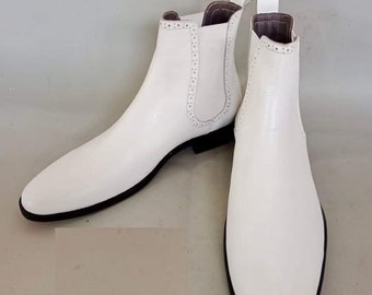 Handmade Bespoke Men Elegant White Colour Genuine Leather Chelsea Ankle High, Wedding Boots, Gift For Him, Formal Boots