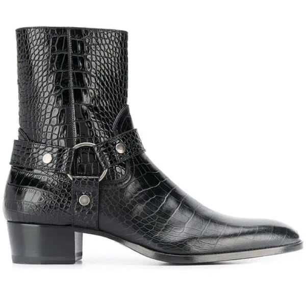 Handgefertigte maßgeschneiderte Männer elegante schwarze Farbe echtes Leder knöchelhohe Alligator Textur, Harness Stiefel, Geschenk für ihn, formelle Stiefel