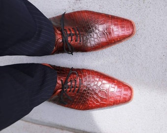 Bespoke Men Handmade Red Colour Pure Leather Lace Up Crocodile Texture  Oxford Shoes, Office Shoes, Gift for Him, Formal Shoes