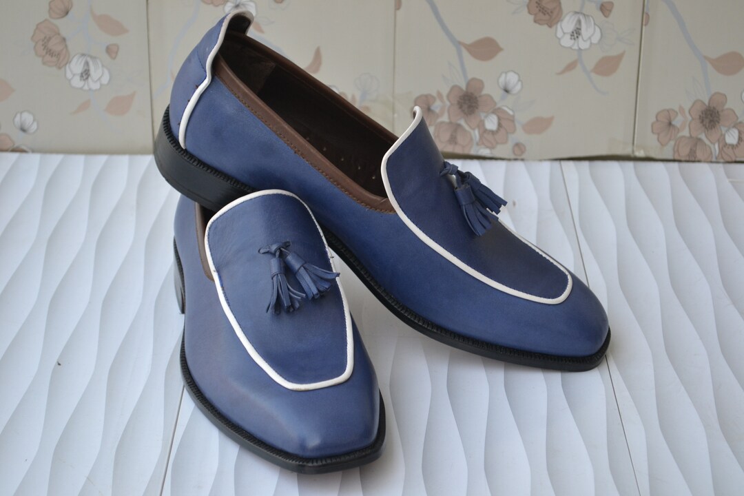 Bespoke Men Handmade Blue Colour Pure Leather Tussle Loafer Slip on