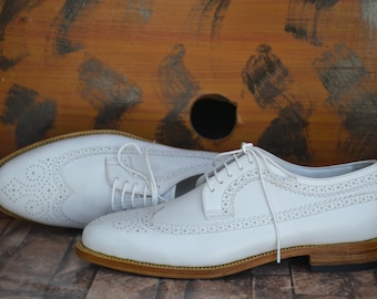 Bespoke Men Handmade White Colour Pure Leather Wing Tip Brogue Lace Up Oxford Shoes, Wedding Shoes, Gift for Him, Formal Shoes