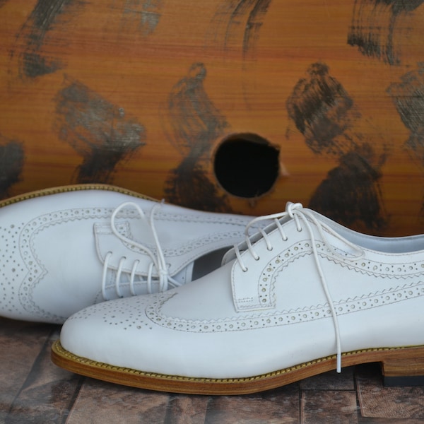 Bespoke Men Handmade White Colour Pure Leather Wing Tip Brogue Lace Up Oxford Shoes, Wedding Shoes, Gift for Him, Formal Shoes