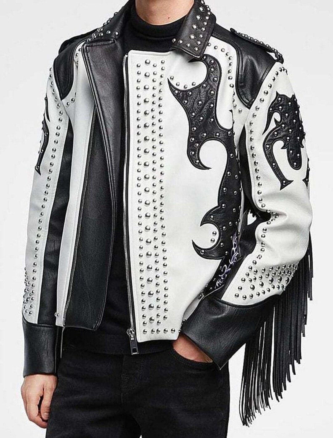 Pure Leather Men Rockstar Stylish Fashion Black & White