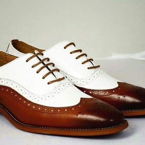 Bespoke Men Handmade Brown & White Colour Pure Leather Wing Tip Brogue Lace Up Oxford Derby Shoes, Wedding Shoes, Gift for Him, Formal Shoes
