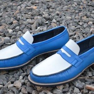Bespoke Men Handmade Blue & White Colour Pure Leather Tussle Loafer Slip On Split Toe Casual Men Shoes, Gift for Him, Formal Shoes