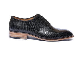 Maßgefertigt Herren Handgemacht Schwarz Farbe Reines Leder Schnürung Python Textur Oxford Schuhe, Büro Schuhe, Geschenk für Ihn, Formal Schuhe