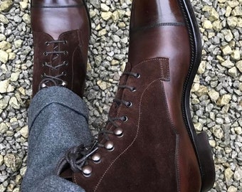 Handmade Bespoke Men Elegant Brown Colour Genuine Leather Cap Toe Lace Up Ankle High, Wedding Boots, Gift For Him, Formal Boots