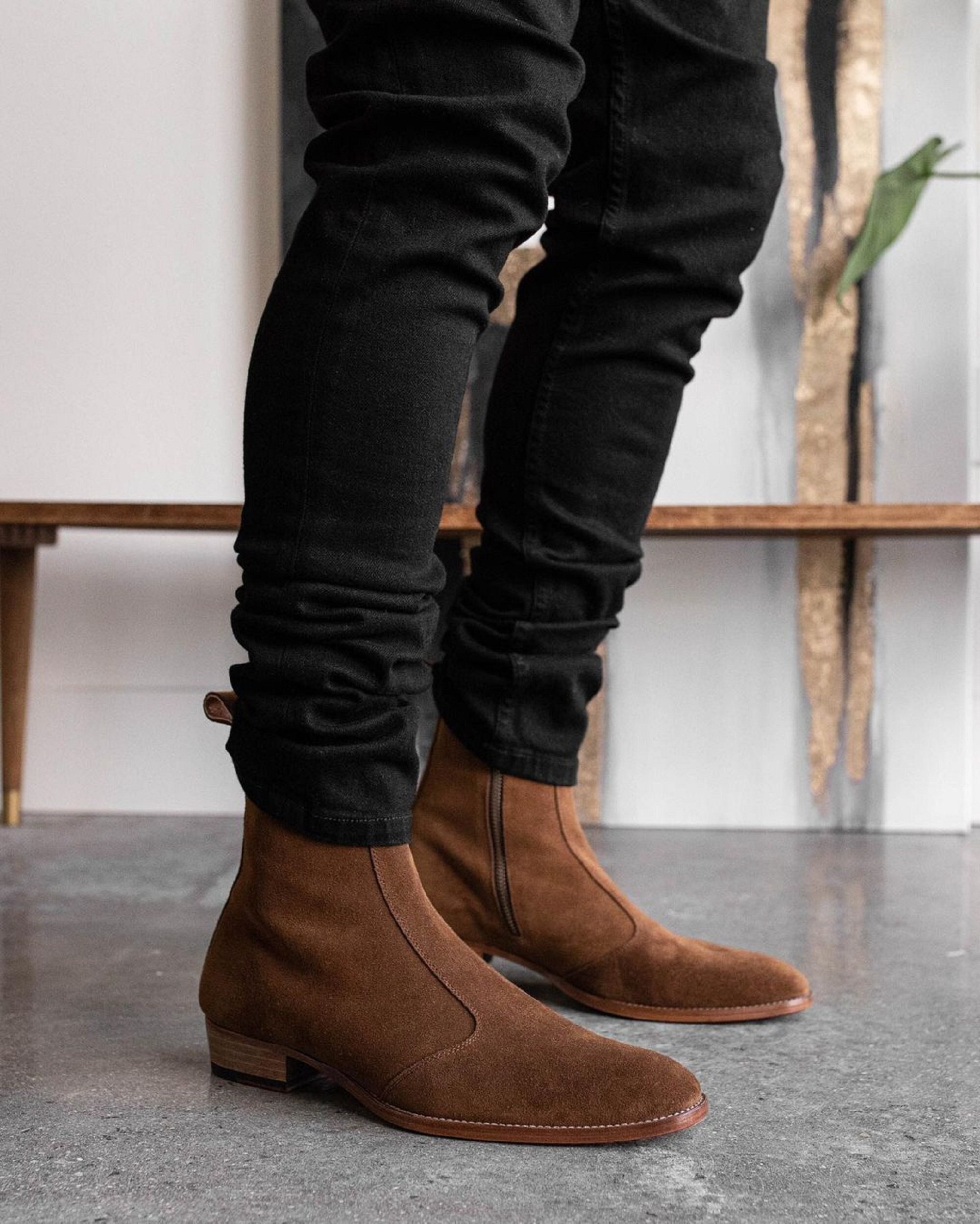 Handmade Bespoke Men Elegant Brown Colour Genuine Suede Leather Side Zipper  Ankle High, Wedding Boots, Gift For Him, Formal Boots