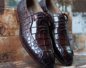 Bespoke Men Handmade Brown Colour Pure Leather Lace up Alligator