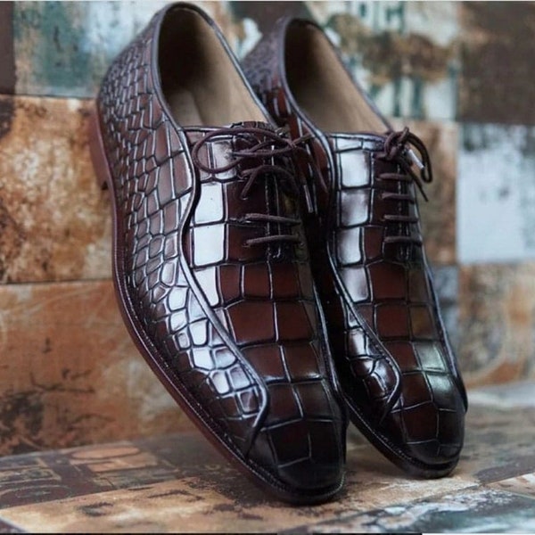 Bespoke Men Handmade Brown Colour Pure Leather Lace Up Alligator Texture Casual Men Shoes, Party Shoes, Gift for Him, Formal Shoes