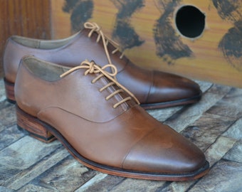 Bespoke Men Handmade Brown Colour Pure Leather Cap Toe Lace Up Oxford Shoes, Office Shoes, Gift for Him, Formal Shoes