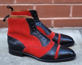 Handmade Bespoke Men Elegant Red & Black Colour Genuine Leather Cap Toe Brogue Ankle High, Wedding Boots, Gift For Him, Formal Boots