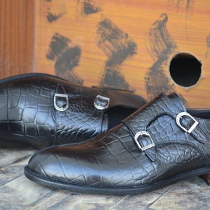 Bespoke Men Handmade Black Colour Pure Leather Double Monk Crocodile Texture Monk, Gift for Him, Formal Shoes