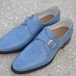 Bespoke Men Handmade Sky Blue Colour Pure Leather Monk Strap Ostrich Texture Shoes, Wedding Shoes, Gift for Him, Men Custom Shoes