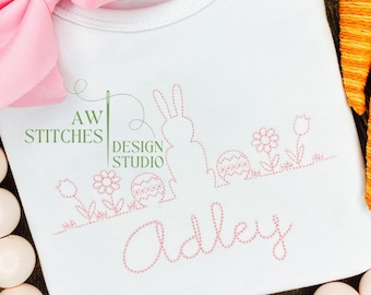 Easter bunny rabbit with Easter eggs and flowers bean stitch, quick stitch machine embroidery design file