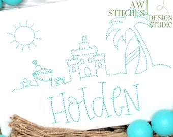 Beach Sand Castle Sandcastle Sand Pail Beach Toys Palm Tree Surf Board bean stitch vintage stitch machine embroidery design file