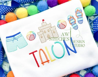 Beach summer sand castle sandcastle beach ball bathing suit flip flops boy trio bean stitch vintage stitch machine embroidery design file