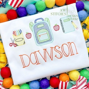 Back to School First Day of School Apple Backpack Crayons Scissors Pencil trio bean stitch vintage stitch machine embroidery design file