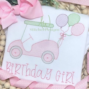 ゴルフの誕生日 誕生日の風船が付いたゴルフカート リボンが付いたゴルフボール スケッチステッチ ライトフィルステッチ 機械刺繍デザインファイル