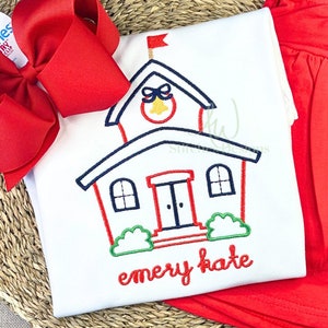 School house with bow girl back to school first day of school satin stitch machine embroidery design file